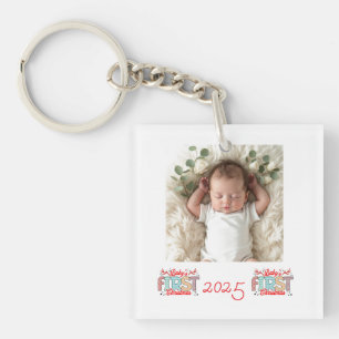 Llavero Foto de bebé Primera Navidad Roja Personalizar