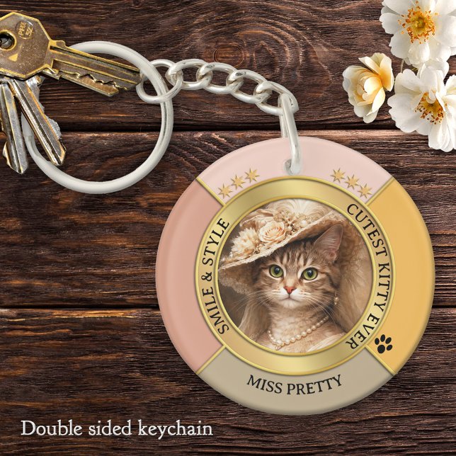 Llavero Foto de gato chic rosa precioso  (Elegant feminine keychain featuring your custom cat photo framed by pink terra cotta and gold design)