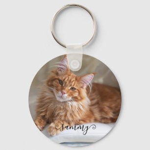 Llavero Foto de gato con nombre rizado lindo