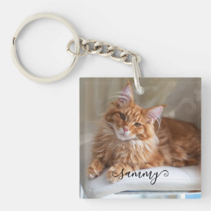 Llavero Foto de gato con nombre rizado lindo
