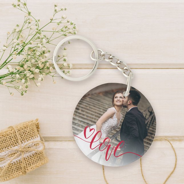 Llavero Foto de Heart Love (Celebrate your love with this cute keychain featuring a photo and hand lettered love.)