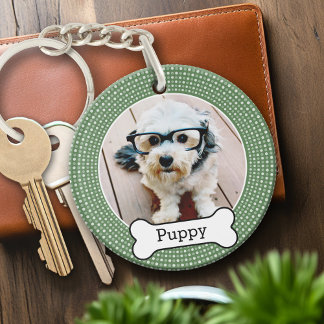 Llavero Foto de mascota con hueso de perro - lunares verde