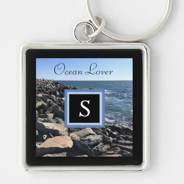 Llavero Foto de olas y rocas marco inicial negro (Frente)