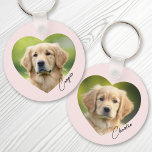 Llavero Foto de perro mascota dentro del corazón con nombr<br><div class="desc">Anillo de claves en color rosa o personalizado con la foto de sus mascotas dentro de un corazón con el nombre en un tipo de letra manuscrito. Impresión de doble cara.</div>
