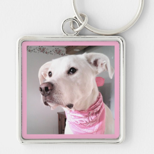 Llavero Foto de perro tímido de cachorro blanco con bufand (Frente)