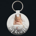 Llavero Foto del bebé personalizada<br><div class="desc">El teléfono,  el nombre y el texto "NUESTROS CORAZONES" de su bebé aparecen en este llavero en moda de texto blanco. Crea por ti mismo o dá a alguien a quien amas. MÁS diseños en nuestra colección.</div>