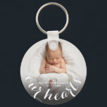 Llavero Foto del bebé personalizada<br><div class="desc">El teléfono,  el nombre y el texto "NUESTROS CORAZONES" de su bebé aparecen en este llavero en moda de texto blanco. Crea por ti mismo o dá a alguien a quien amas. MÁS diseños en nuestra colección.</div>
