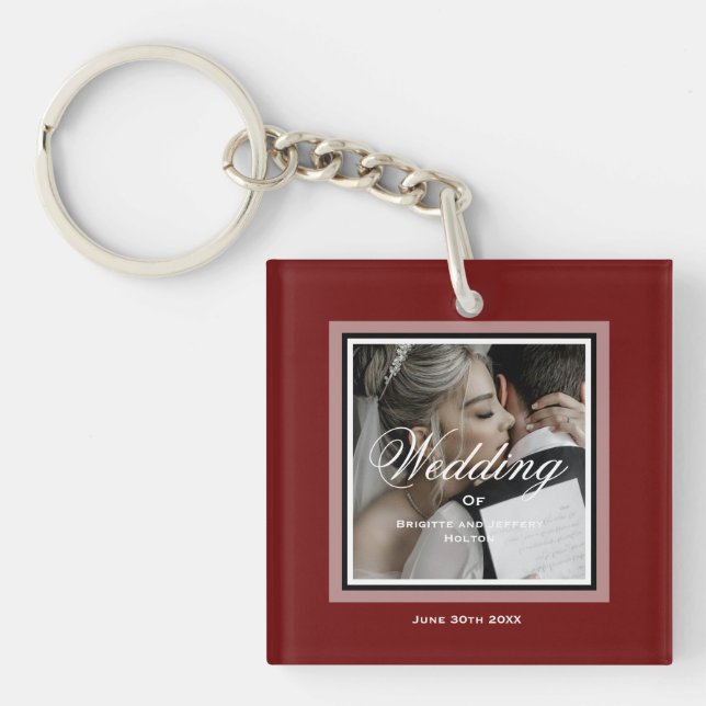Llavero Foto del boda de personalizable rojo de Borgoña (Frente)