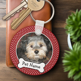 Llavero Foto mascota con puntos de Polka Rojo de Hueso de 