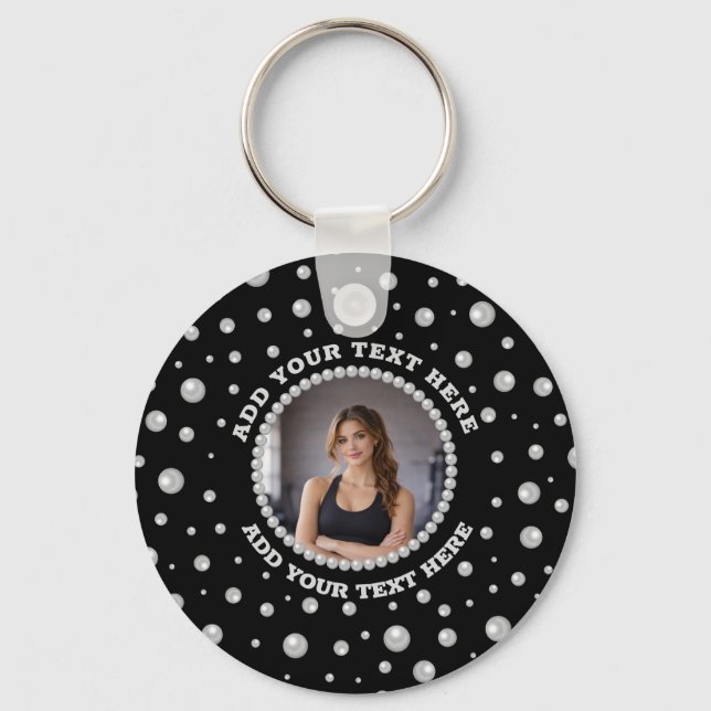 Llavero Foto personalizada con círculo de perlas sobre neg (Anverso)