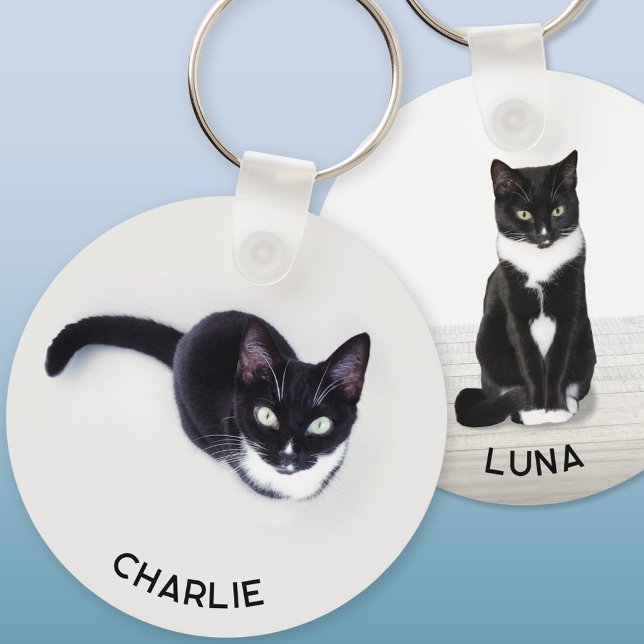 Llavero Foto personalizada de dos mascotas (Personalized custom name pet cat double sided two photo keychain for animal lovers)