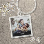 Llavero Foto personalizada de escritura simple y elegante<br><div class="desc">Personaliza tu foto favorita con tus nombres y el año,  creando un recuerdo y un regalo únicos. ¡Un bonito tesoro!</div>