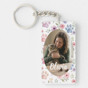 Llavero Foto personalizada de mascota acuarela floral y hu