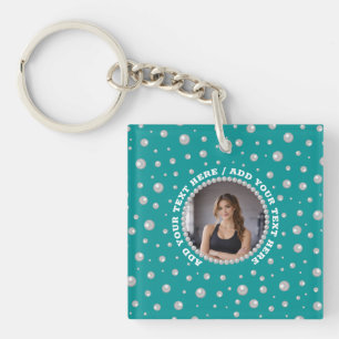 Llavero Foto personalizada en círculo de perlas sobre verd