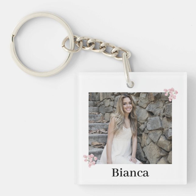 Llavero Foto personalizada y nombre Floral rosa (Frente)