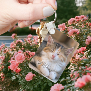 Llavero Fotos verticales de gato con nombre rizado lindo