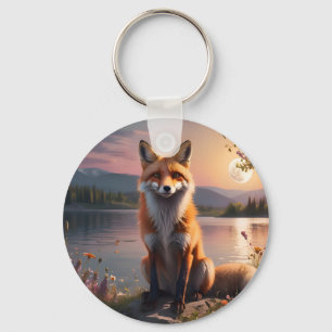 Llavero Fox sentada junto al lago al atardecer.