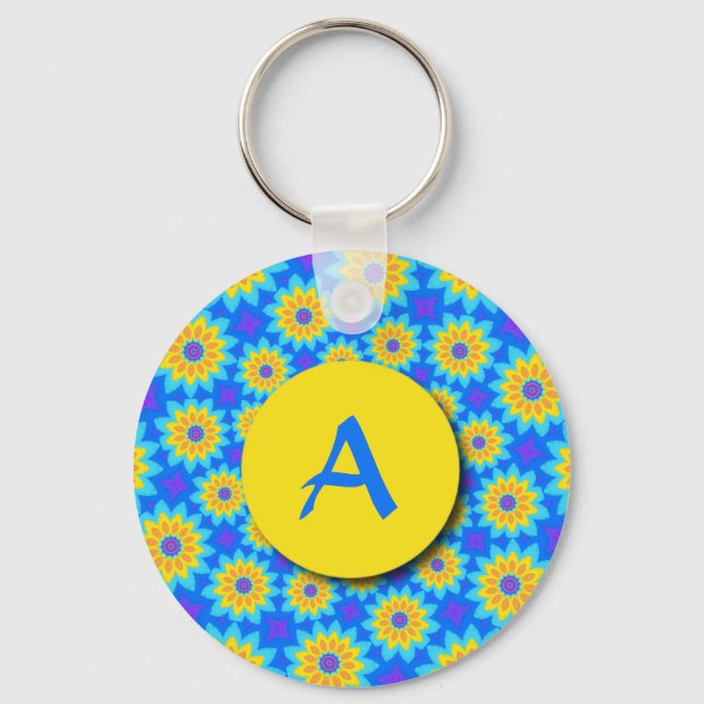 Llavero Fractal Blue Patchwork Daisies Monograma Keychain (Anverso)