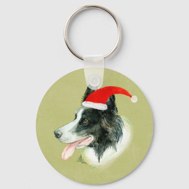 Llavero Frontera Collie Dog w Navidades Santa Hat (Anverso)