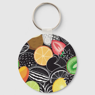 Llavero Frutas tropicales coloridas, fondo negro.
