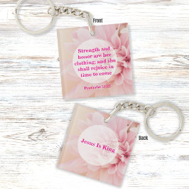 Llavero Fuerza y honra versos de la Biblia con flor rosa