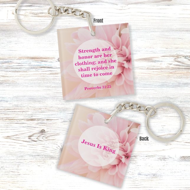 Llavero Fuerza y honra versos de la Biblia con flor rosa (Subido por el creador)