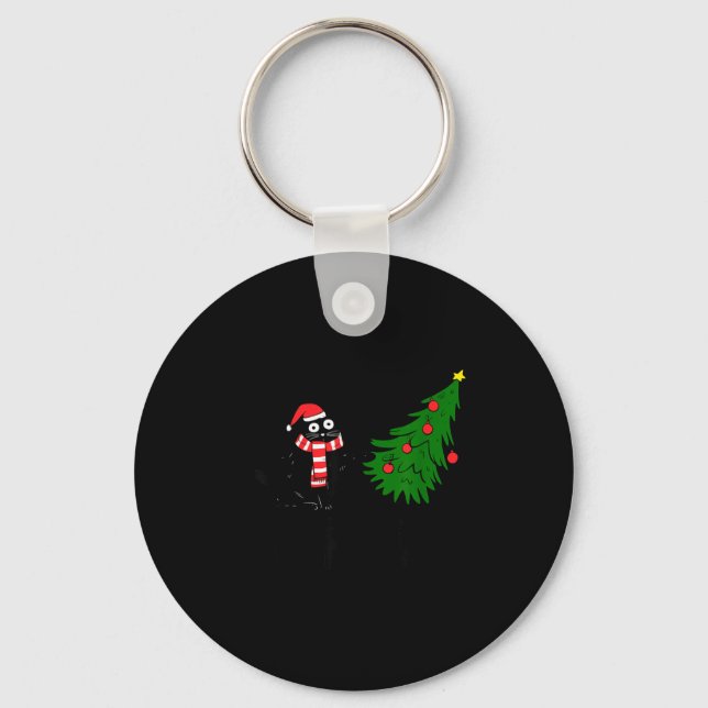 Llavero Funny Black Cat Gift Pushing Christmas Tree Over C (Anverso)