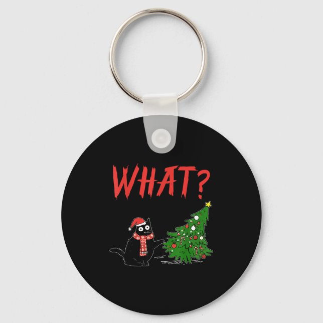 Llavero Funny Black Cat Gift Pushing Christmas Tree Over C (Anverso)