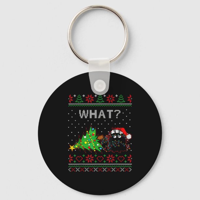 Llavero Funny Black Cat Gift Pushing Christmas Tree Over C (Anverso)