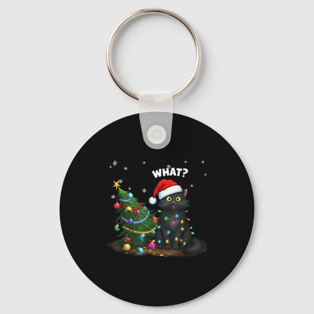 Llavero Funny Black Cat Pushing Christmas Tree  (Anverso)