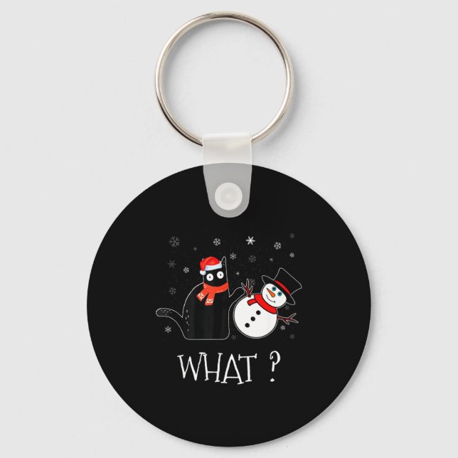 Llavero Funny Black Cat Pushing Snowman Christmas Winter C (Anverso)