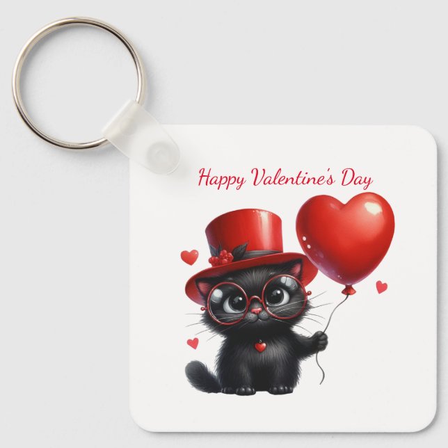 Llavero Funny Black Cat With Balloons Valentine's Day (Anverso)