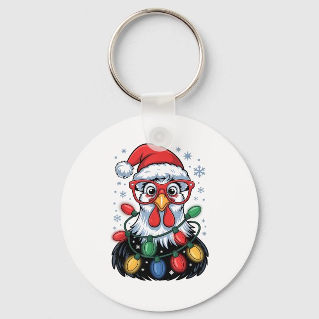 Llavero Funny Chicken Christmas Tree Lights Santa Hat Xmas (Anverso)