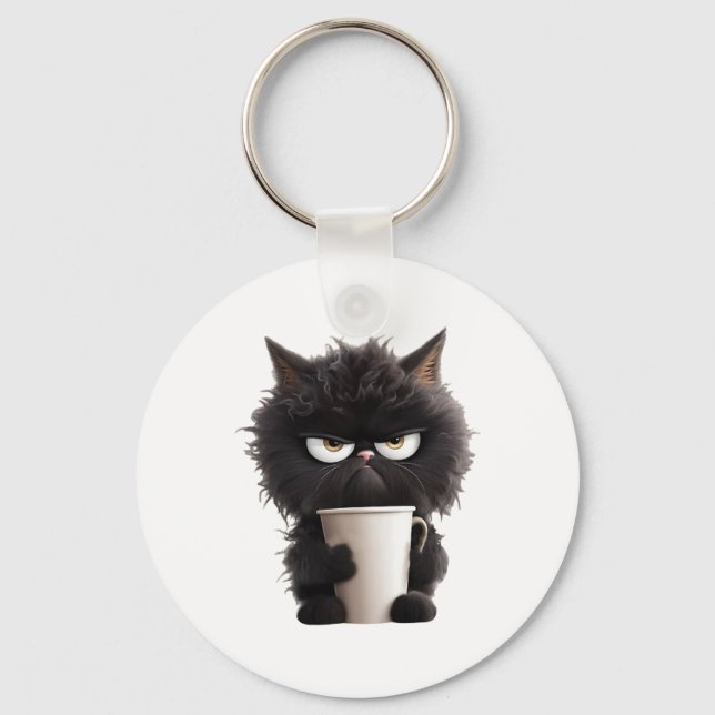 Llavero Funny Cute Black Cat Coffee Angry (Anverso)