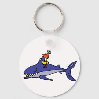Llavero Funny Duck Riding Shark Cartoon
