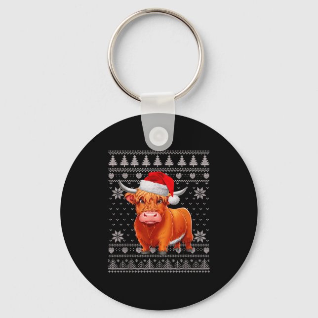 Llavero Funny Highland Cow Ugly Christmas Sweater Santa Xm (Anverso)