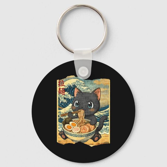 Llavero Funny Kawaii Black Cat Ramen Noodle Bowl Japanese  (Anverso)