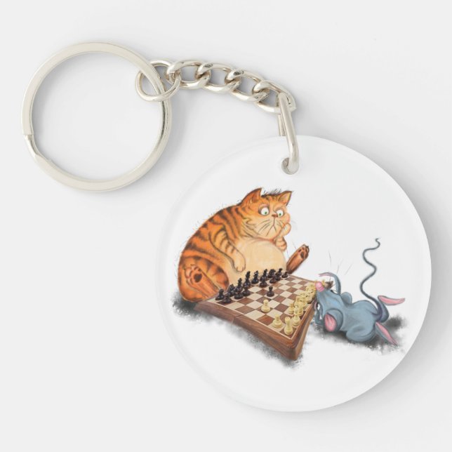 Llavero Funny Keychain Cat y Mouse jugando al ajedrez (Frente)