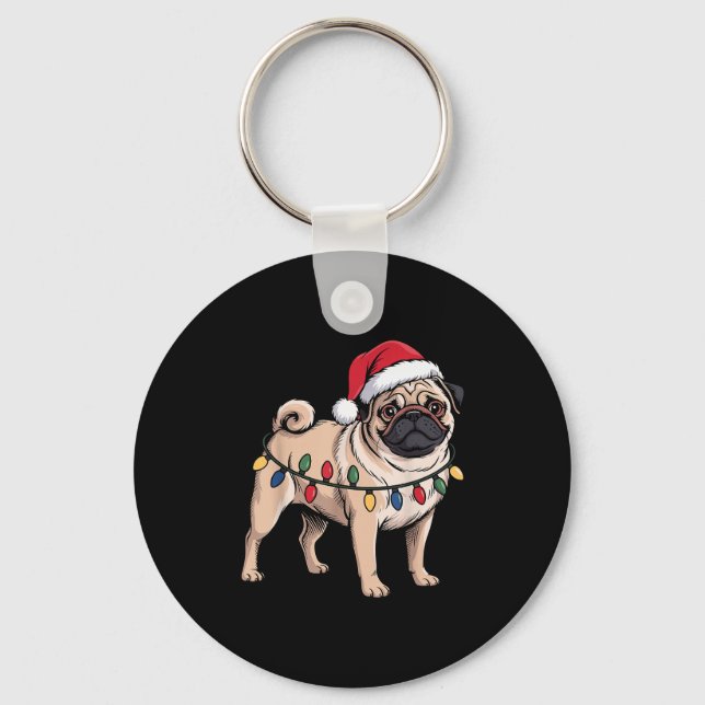 Llavero Funny Pug Christmas Santa Hat Xmas Lights  (Anverso)