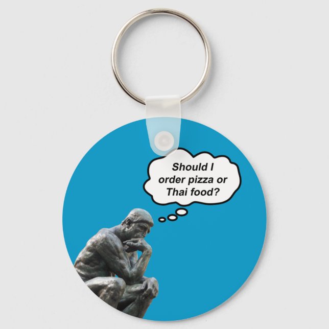 Llavero Funny Rodin Thinker Statue - Pizza or Thai Food? (Anverso)