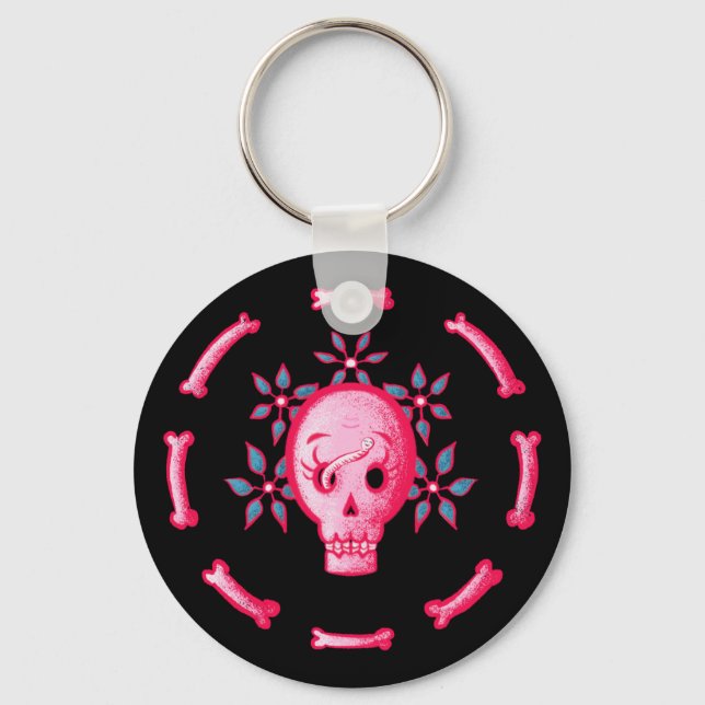 Llavero Funny Skull Design - Calavera rosa con gusano feli (Anverso)