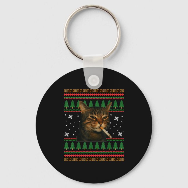 Llavero Funny Smoking Cat Meme Christmas Ugly Sweater Cat  (Anverso)