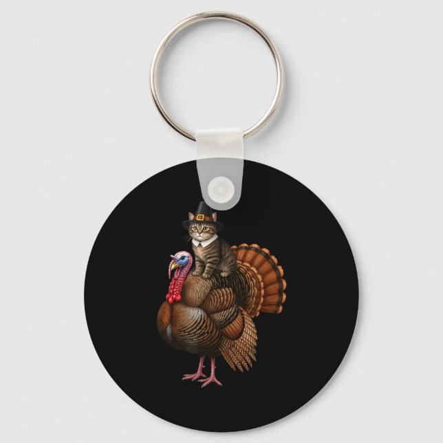 Llavero Funny Thanksgiving Cat On Turkey, Lgrim Hat Turkey (Anverso)