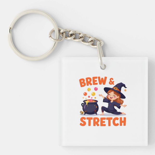Llavero Funny Witch Yoga Design – "Brew & Stretch" Cartoon (Frente)