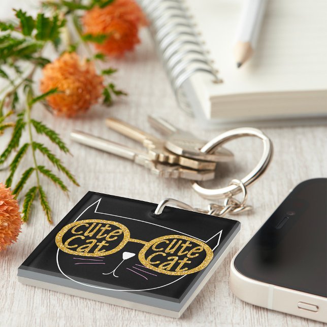 Llavero Gafas de gato lindo Purpurina de oro gráfico Cara  (Subido por el creador)