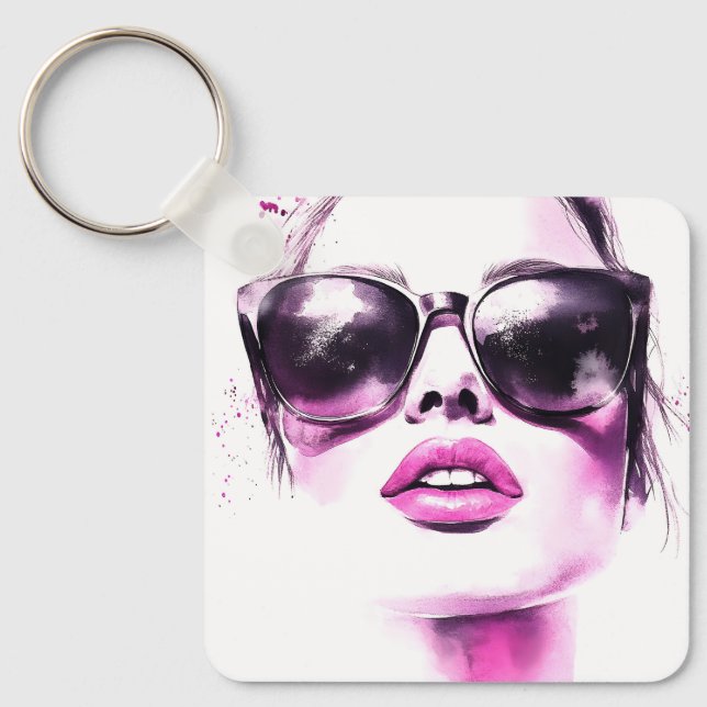 Llavero Gafas de sol de mujer de moda de acuarela rosa chi (Anverso)