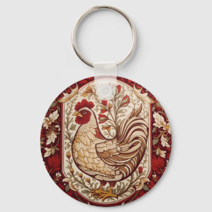 Llavero Gallo Antiguo Floral Rojo y Crema
