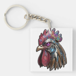 Llavero Gallo Ciberpunk Arte Mecánico Iridescente