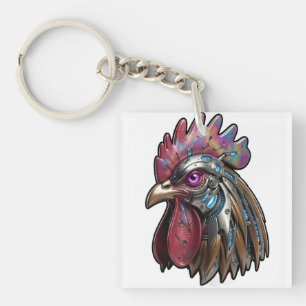 Llavero Gallo Ciberpunk Arte Mecánico Iridescente