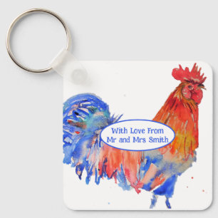 Llavero Gallo Rojo Pollo Bodas Acuarela Azul